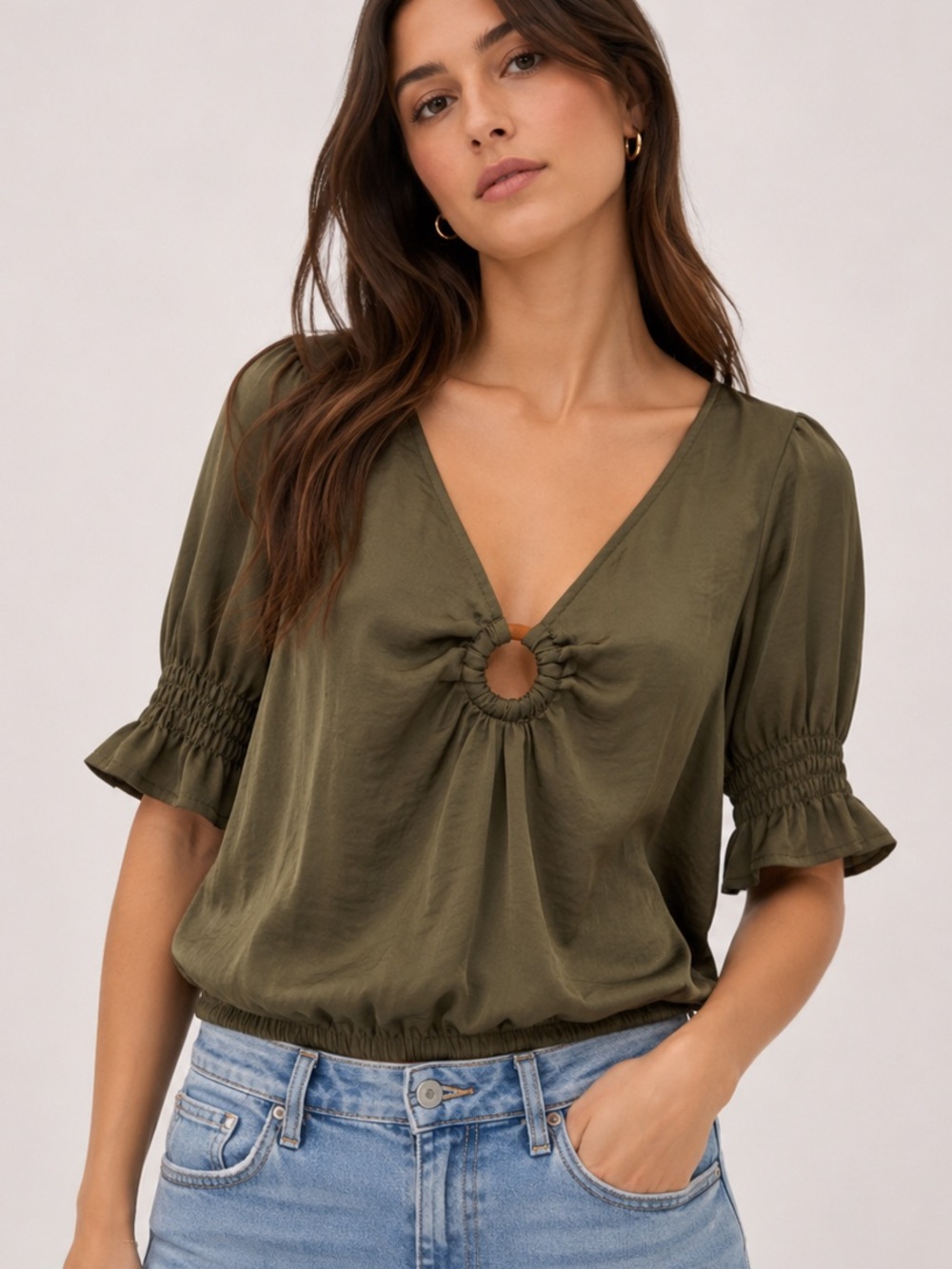 Express Olive Green Keyhole V-Neck Smocked Puff Sleeve Top